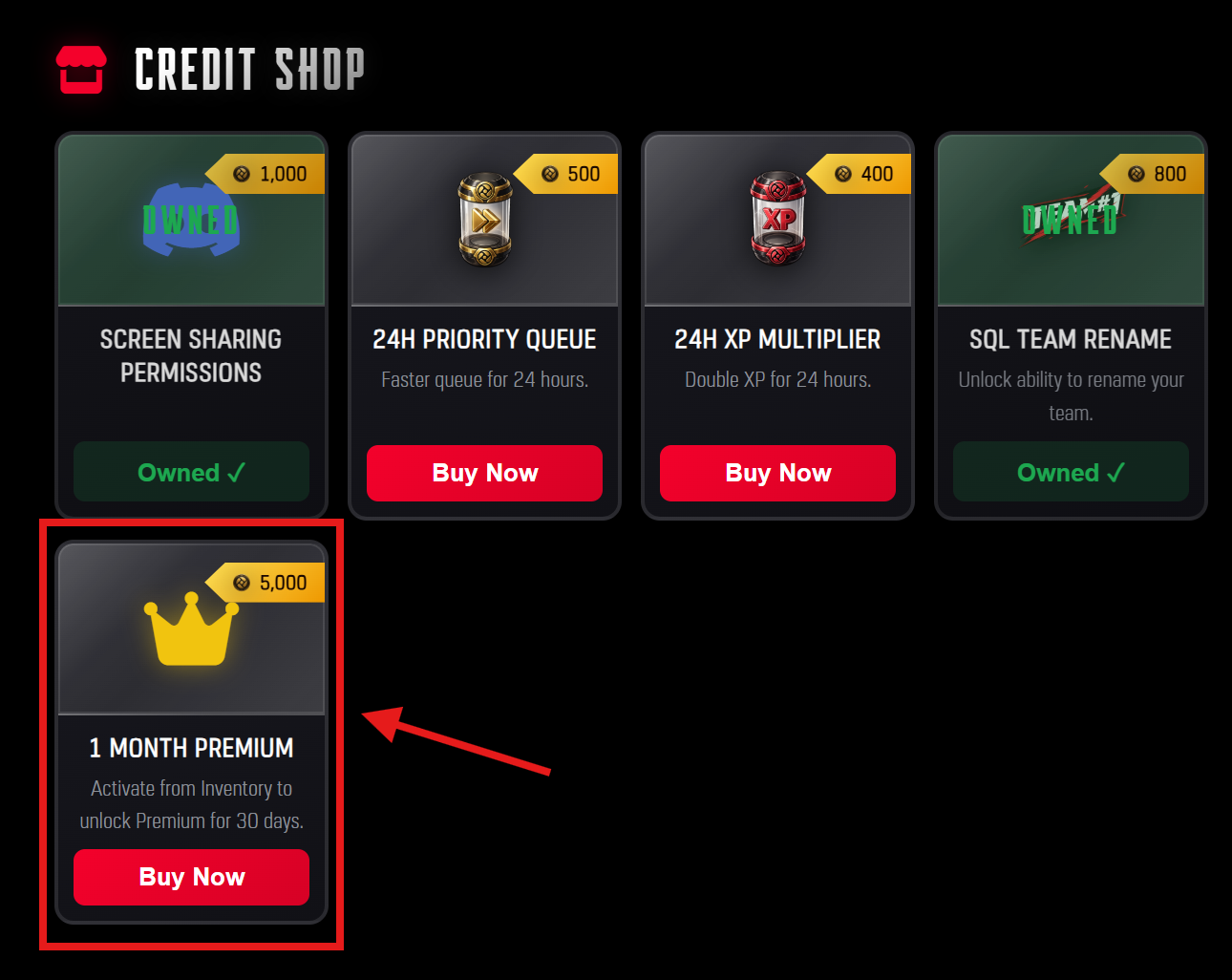 Credit Shop showing the 30-day Premium subscription purchasable for 5,000 credits